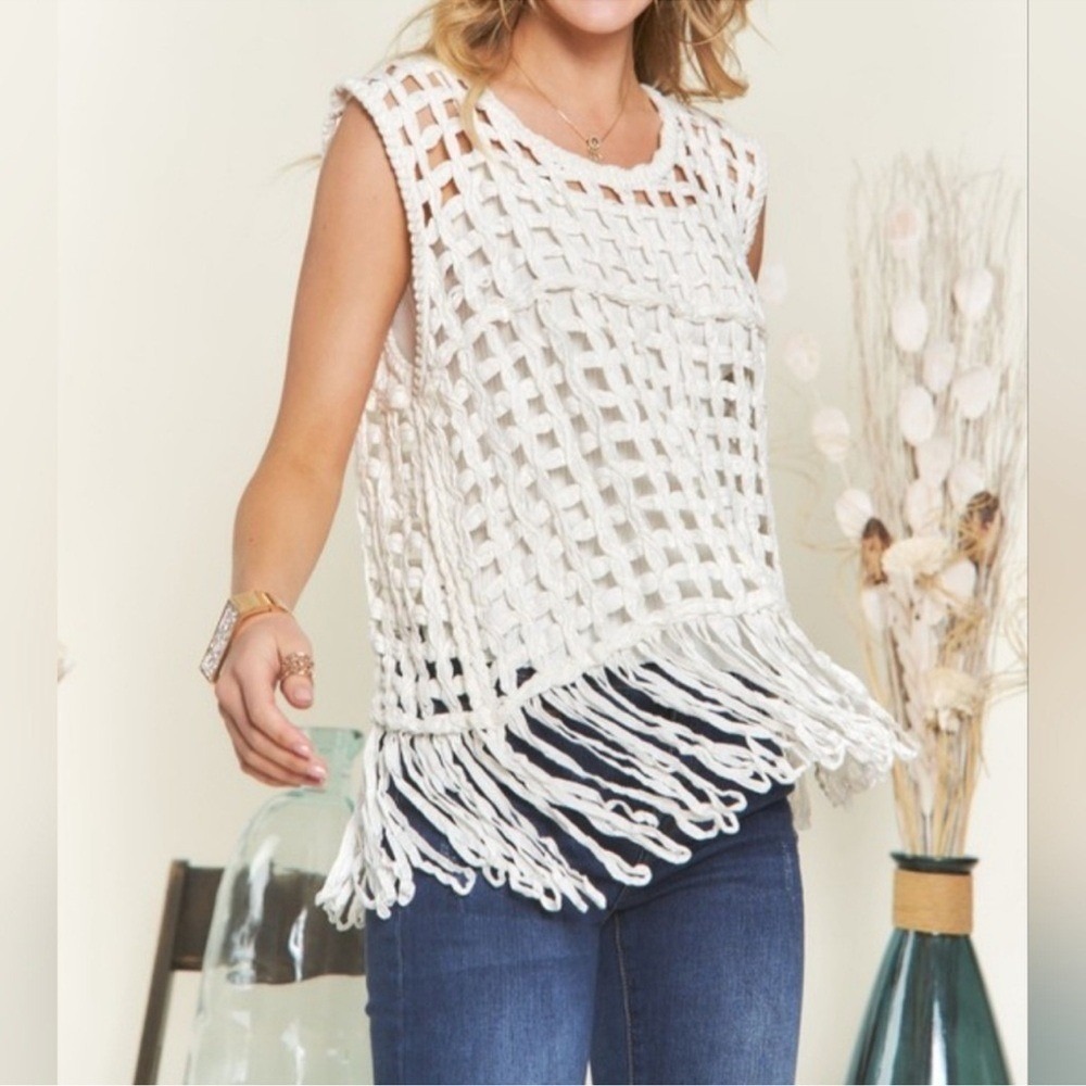 Adora Chic Boho Fishnet Cover Up Top with Fringe Hem One Size